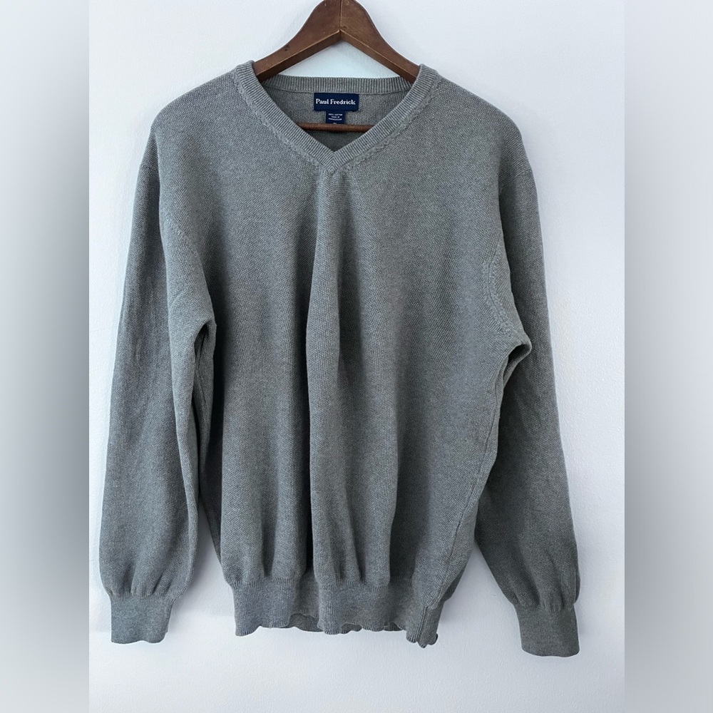 Paul Fredrick Sweater Gray 100% Cotton V-Neck Pullover Long Sleeve Size Men's XL